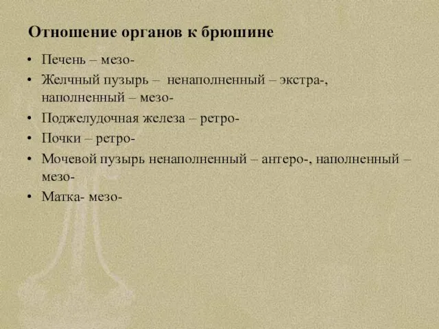 Отношение органов к брюшине Печень – мезо- Желчный пузырь –