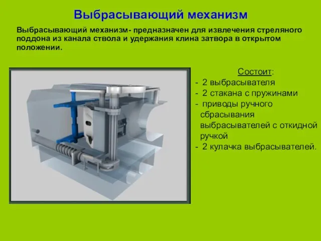 Выбрасывающий механизм Выбрасывающий механизм- предназначен для извлечения стреляного поддона из