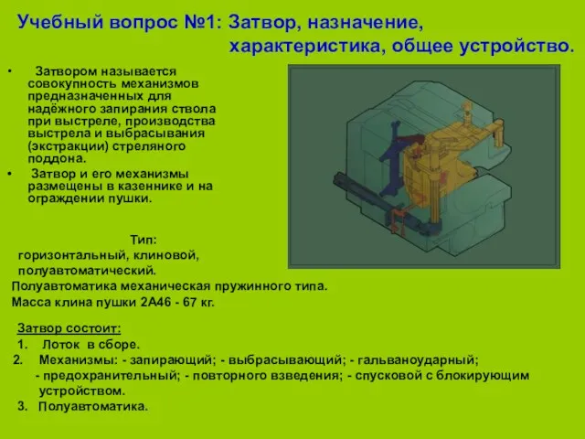 Затвором называется совокупность механизмов предназначенных для надёжного запирания ствола при