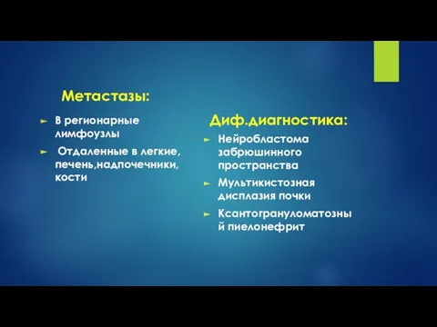 Метастазы: В регионарные лимфоузлы Отдаленные в легкие,печень,надпочечники,кости Диф.диагностика: Нейробластома забрюшинного пространства Мультикистозная дисплазия почки Ксантогрануломатозный пиелонефрит