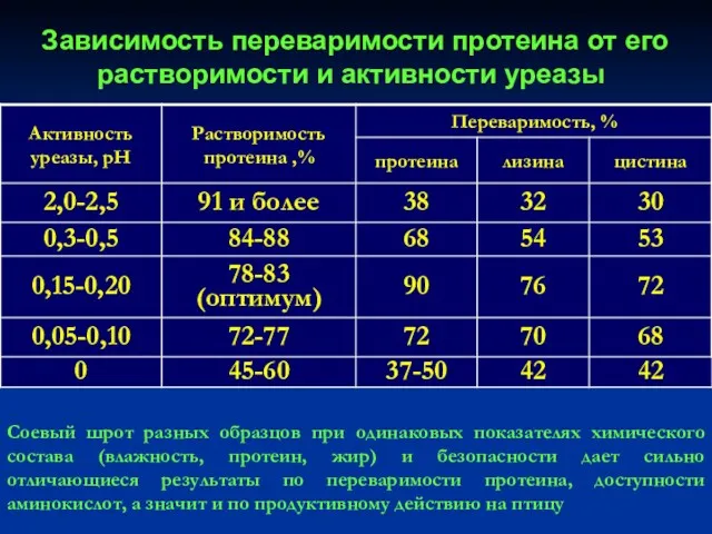 Зависимость переваримости протеина от его растворимости и активности уреазы