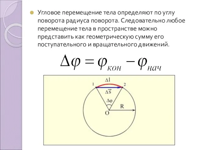 Угловое перемещение тела определяют по углу поворота радиуса поворота. Следовательно