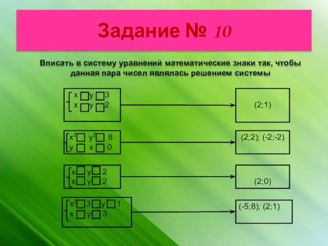 Задание № 10 Вписать в систему уравнений математические знаки так,