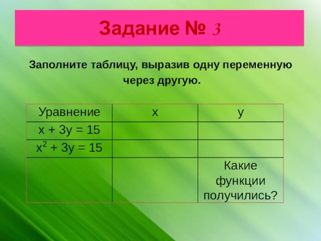 Задание № 3 Заполните таблицу, выразив одну переменную через другую.