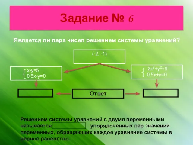 Задание № 6 Является ли пара чисел решением системы уравнений?