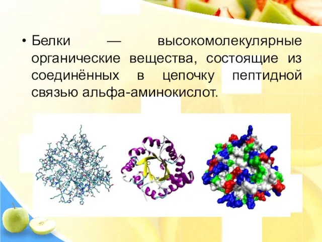 Белки — высокомолекулярные органические вещества, состоящие из соединённых в цепочку пептидной связью альфа-аминокислот.