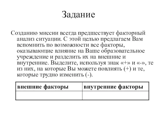 Задание Созданию миссии всегда предшествует факторный анализ ситуации. С этой