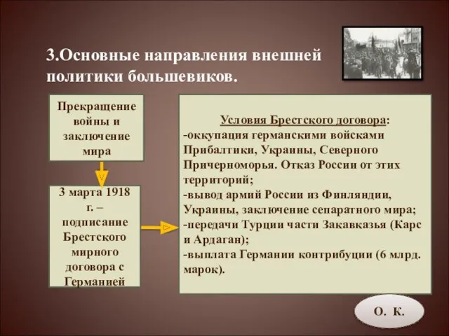Условия Брестского договора: -оккупация германскими войсками Прибалтики, Украины, Северного Причерноморья.