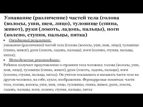 Узнавание (различение) частей тела (голова (волосы, уши, шея, лицо), туловище