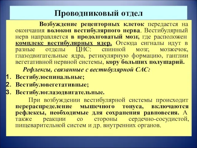 Проводниковый отдел Возбуждение рецепторных клеток передается на окончания волокон вестибулярного нерва. Вестибулярный нерв