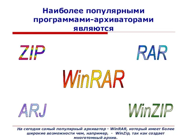 Наиболее популярными программами-архиваторами являются WinRAR WinZIP RAR ARJ ZIP На