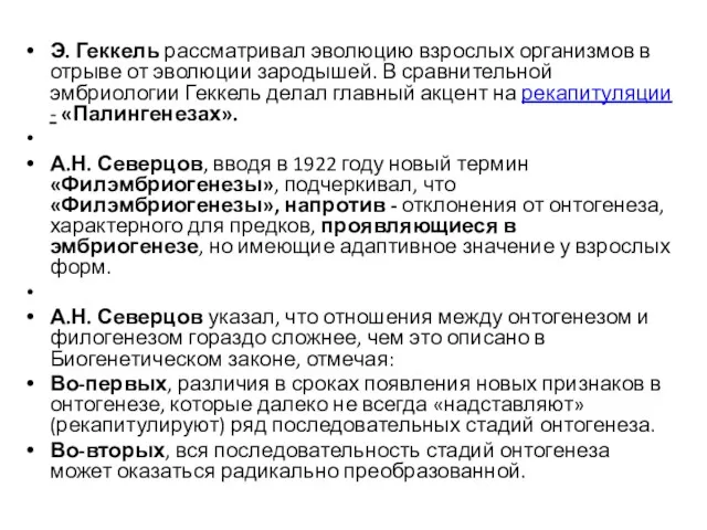 Э. Геккель рассматривал эволюцию взрослых организмов в отрыве от эволюции