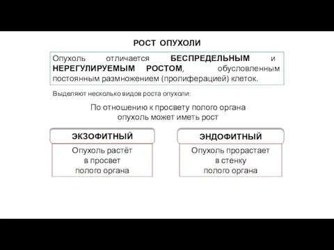 РОСТ ОПУХОЛИ Выделяют несколько видов роста опухоли: По отношению к