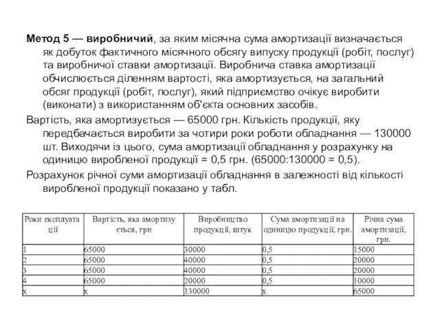 Метод 5 — виробничий, за яким місячна сума амортизації визначається