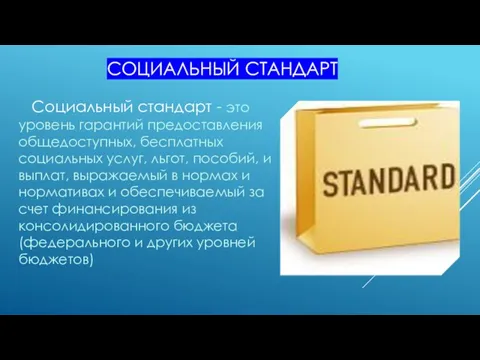 СОЦИАЛЬНЫЙ СТАНДАРТ Социальный стандарт - это уровень гарантий предоставления общедоступных,