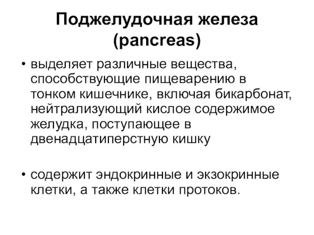 Поджелудочная железа (pancreas) выделяет различные вещества, способствующие пищеварению в тонком кишечнике, включая бикарбонат,