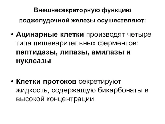 Внешнесекреторную функцию поджелудочной железы осуществляют: Ацинарные клетки производят четыре типа пищеварительных ферментов: пептидазы,