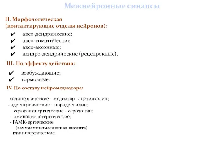 Межнейронные синапсы возбуждающие; тормозные. аксо-дендрические; аксо-соматические; аксо-аксонные; дендро-дендрические (рецепрокные). II. Морфологическая (контактирующие отделы