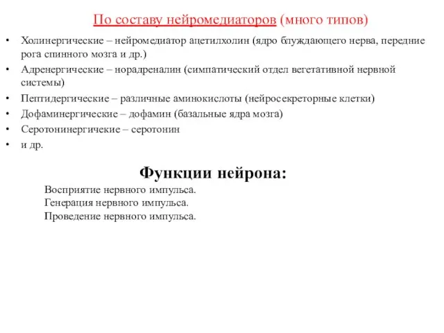 По составу нейромедиаторов (много типов) Холинергические – нейромедиатор ацетилхолин (ядро блуждающего нерва, передние