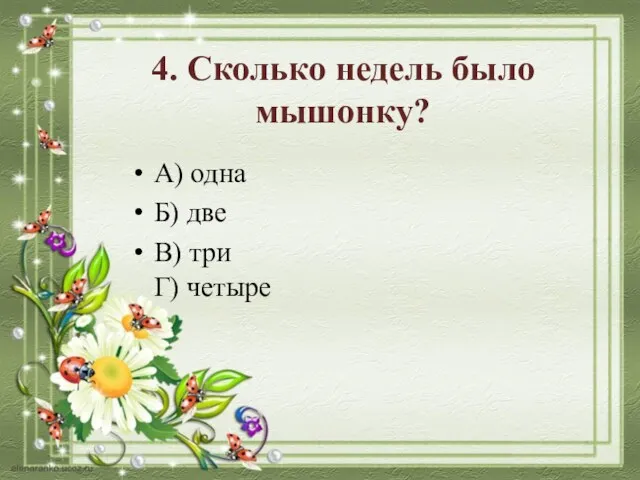 4. Сколько недель было мышонку? А) одна Б) две В) три Г) четыре