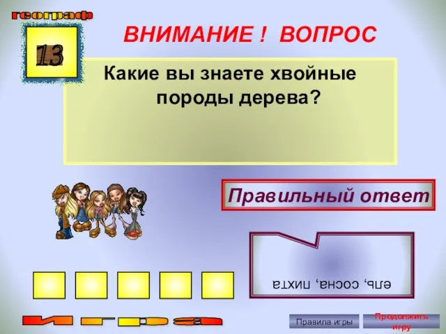 ВНИМАНИЕ ! ВОПРОС Какие вы знаете хвойные породы дерева? 13 Правильный ответ ель,