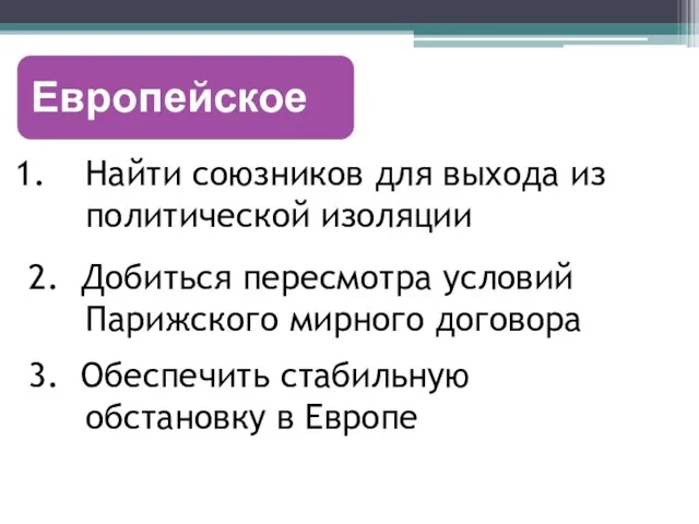 Найти союзников для выхода из политической изоляции 2. Добиться пересмотра