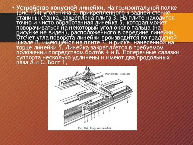 Устройство конусной линейки. На горизонтальной полке (рис.154) угольника 2, прикрепленного