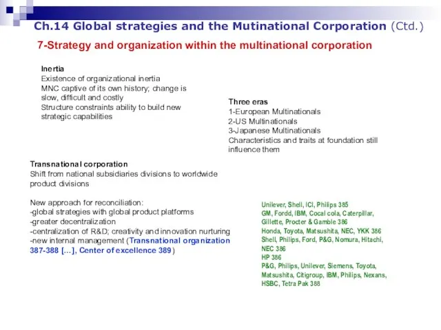 Ch.14 Global strategies and the Mutinational Corporation (Ctd.) 7-Strategy and