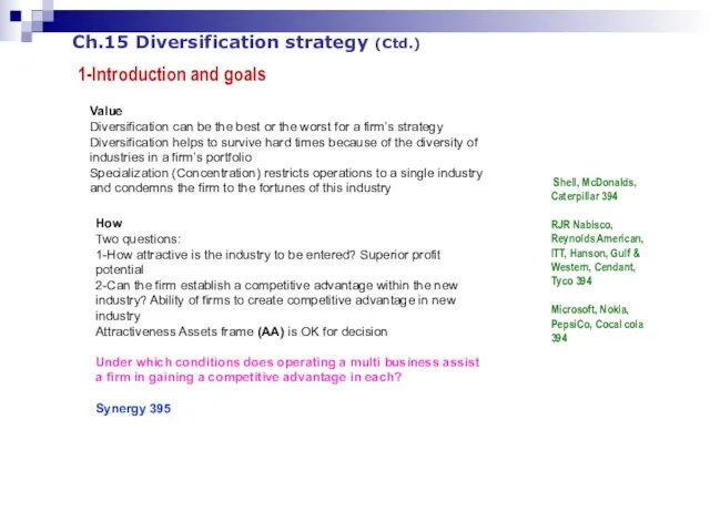 Ch.15 Diversification strategy (Ctd.) 1-Introduction and goals Value Diversification can