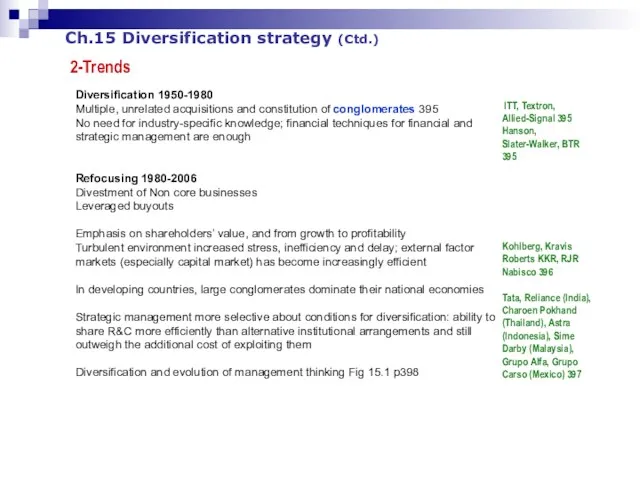 Ch.15 Diversification strategy (Ctd.) 2-Trends Diversification 1950-1980 Multiple, unrelated acquisitions