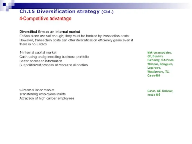 Ch.15 Diversification strategy (Ctd.) 4-Competitive advantage Diversified firm as an