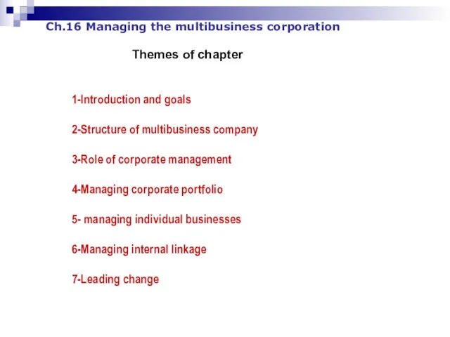 Ch.16 Managing the multibusiness corporation 1-Introduction and goals 2-Structure of