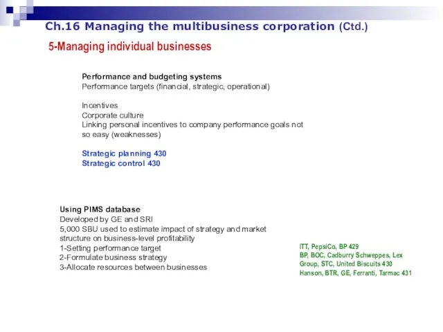 Ch.16 Managing the multibusiness corporation (Ctd.) 5-Managing individual businesses Performance