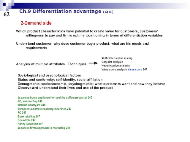 62 Ch.9 Differentiation advantage (Ctd.) 2-Demand side Which product characteristics