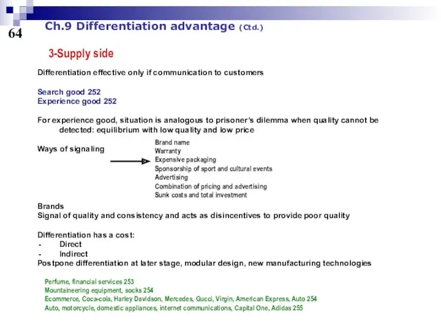 64 Ch.9 Differentiation advantage (Ctd.) 3-Supply side Differentiation effective only