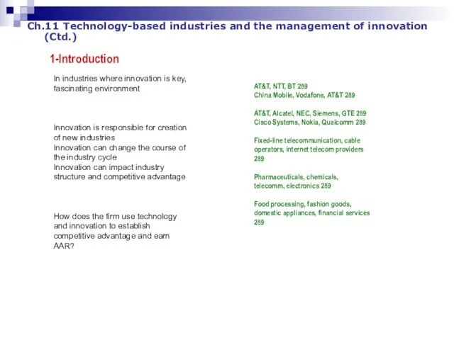 Ch.11 Technology-based industries and the management of innovation (Ctd.) 1-Introduction