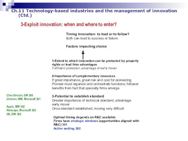 Ch.11 Technology-based industries and the management of innovation (Ctd.) 3-Exploit