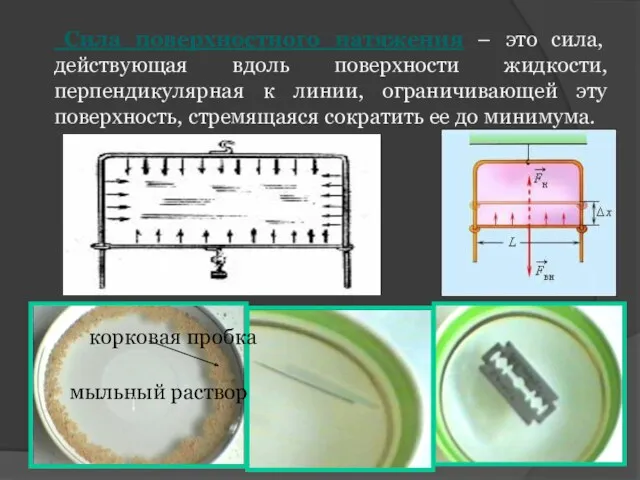 мыльный раствор корковая пробка Сила поверхностного натяжения – это сила, действующая вдоль поверхности