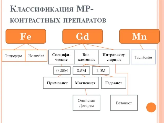 Классификация МР- контрастных препаратов Fe Gd Mn Эндодерм Тесласкан Вазовист