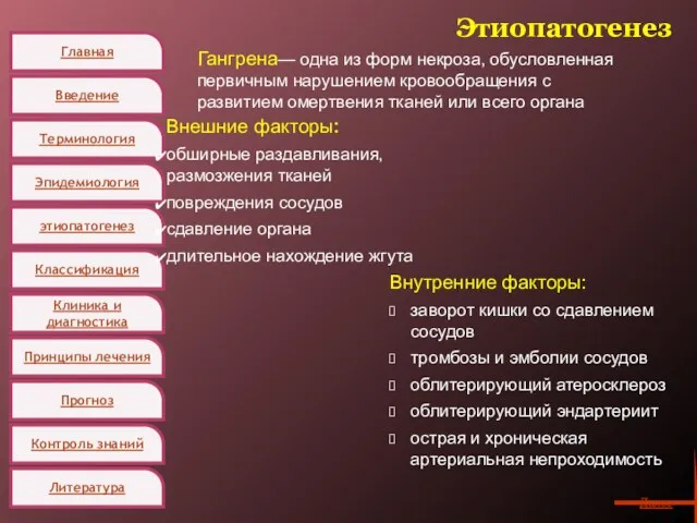 Главная Введение Терминология Эпидемиология этиопатогенез Классификация Клиника и диагностика Принципы