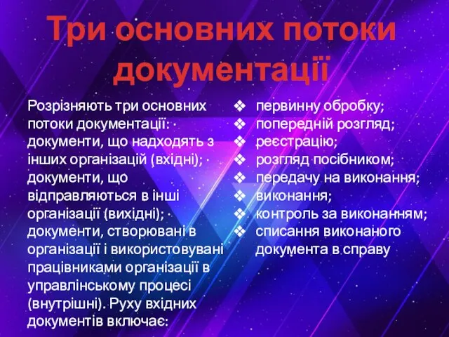 Три основних потоки документації Розрізняють три основних потоки документації: ·