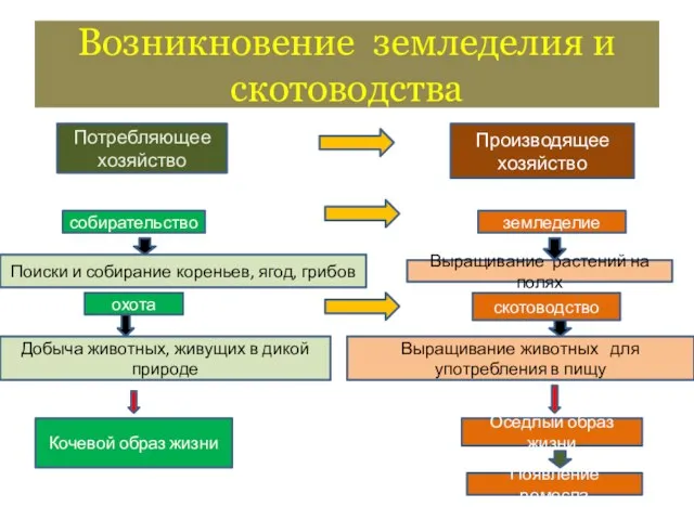 Возникновение земледелия и скотоводства Появление ремесла Кочевой образ жизни Оседлый