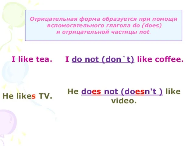 Отрицательная форма образуется при помощи вспомогательного глагола do (does) и