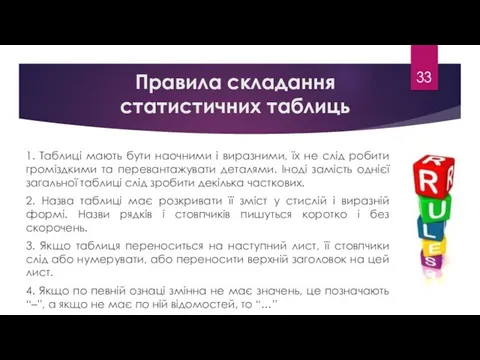 Правила складання статистичних таблиць 1. Таблиці мають бути наочними і