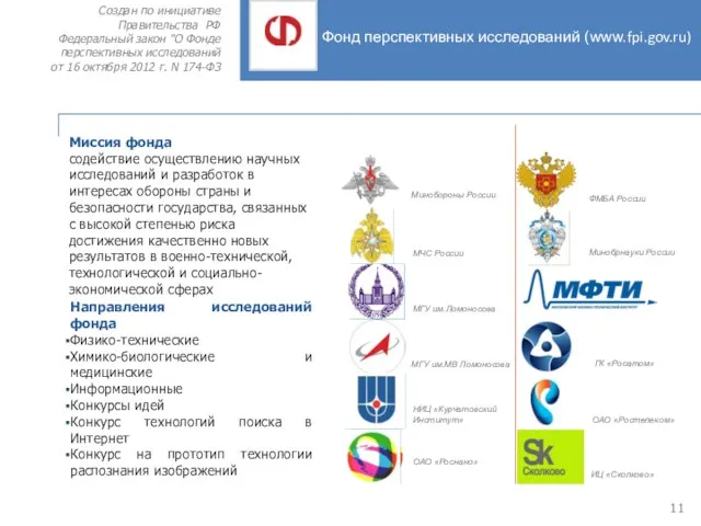 Фонд перспективных исследований (www.fpi.gov.ru) Создан по инициативе Правительства РФ Федеральный
