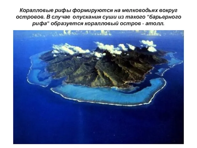 Коралловые рифы формируются на мелководьях вокруг островов. В случае опускания