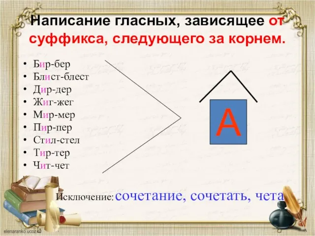 Написание гласных, зависящее от суффикса, следующего за корнем. Бир-бер Блист-блест