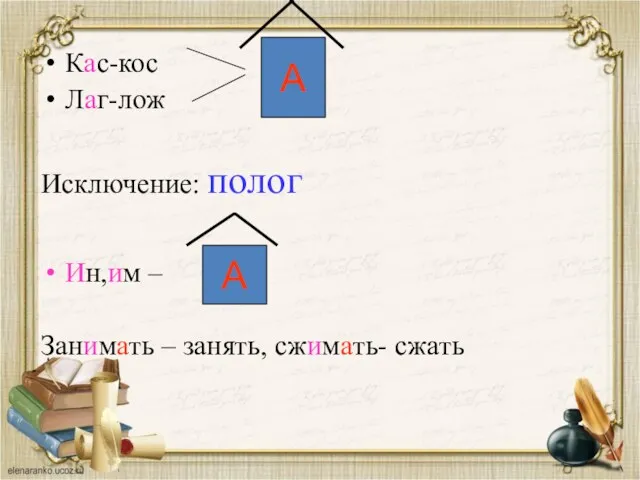 Кас-кос Лаг-лож Исключение: полог Ин,им – Занимать – занять, сжимать- сжать А А