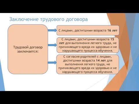 Заключение трудового договора Трудовой договор заключается: С лицами, достигшими возраста 16 лет С