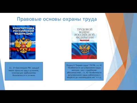 Правовые основы охраны труда Ст. 37 Конституции РФ: каждый имеет право на труд